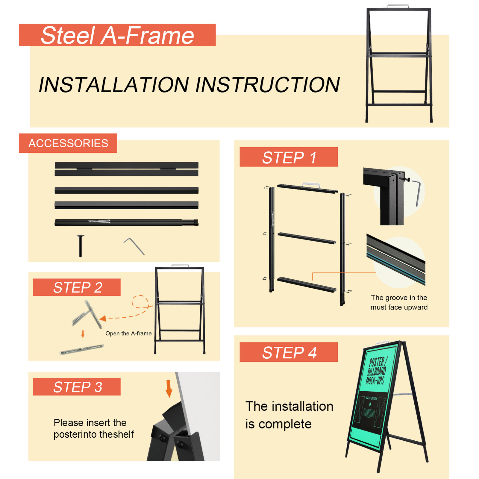 24 x 36 in Heavy Duty Slide-in Folding A-Frame Sidewalk Sign Metal Pavement Sign
