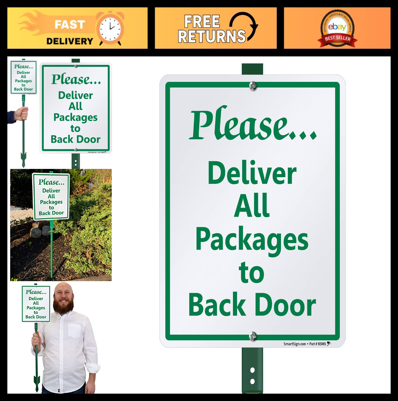 Please Deliver All Packages to Back Door Sign – 10×12 Aluminum Lawn Stake