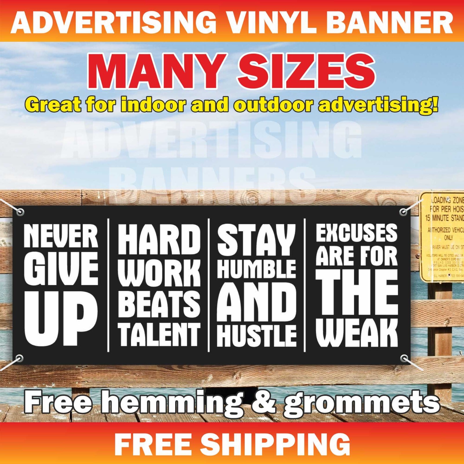 NEVER GIVE UP Workout Banner Vinyl Sign Motivation Poster Fitness Gym