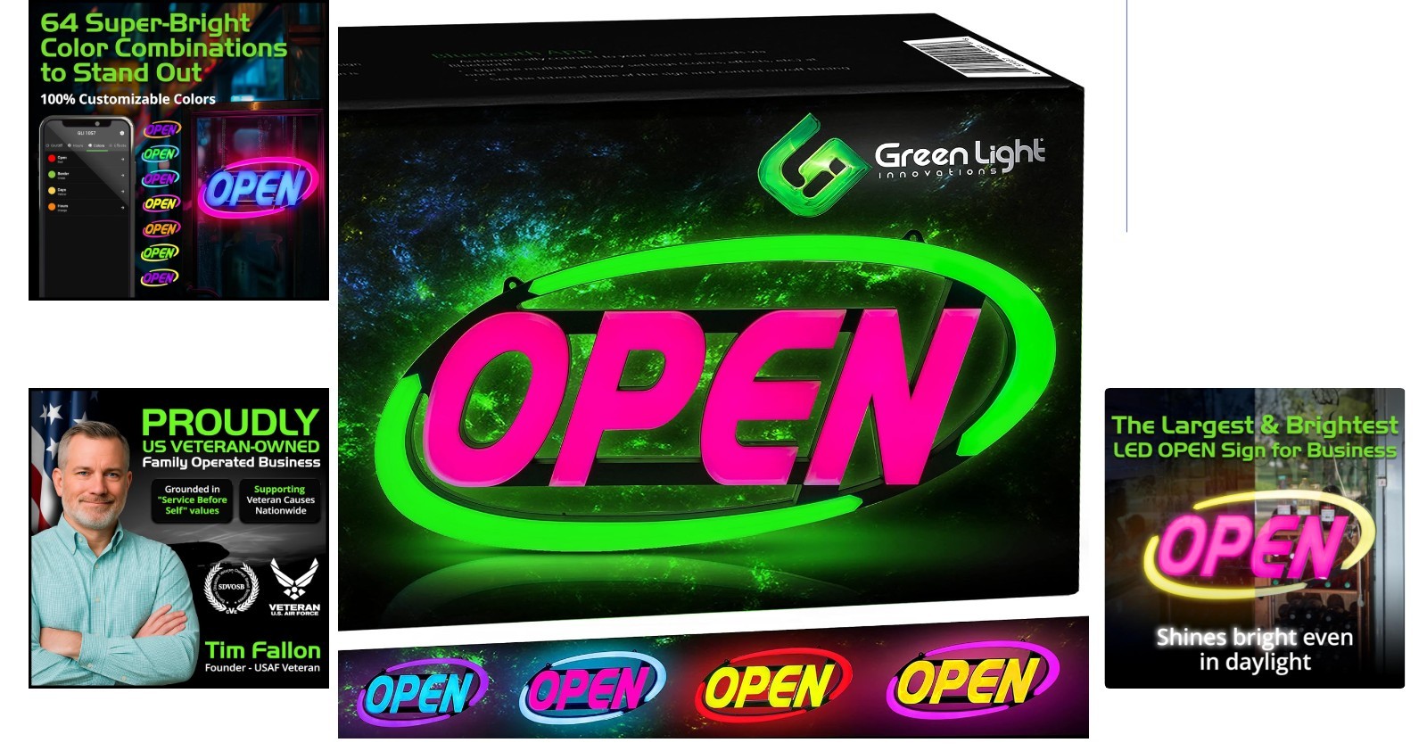 GLI LED Open Sign – 64 Color Combos & App Control – 15×32 Inch Business Sign