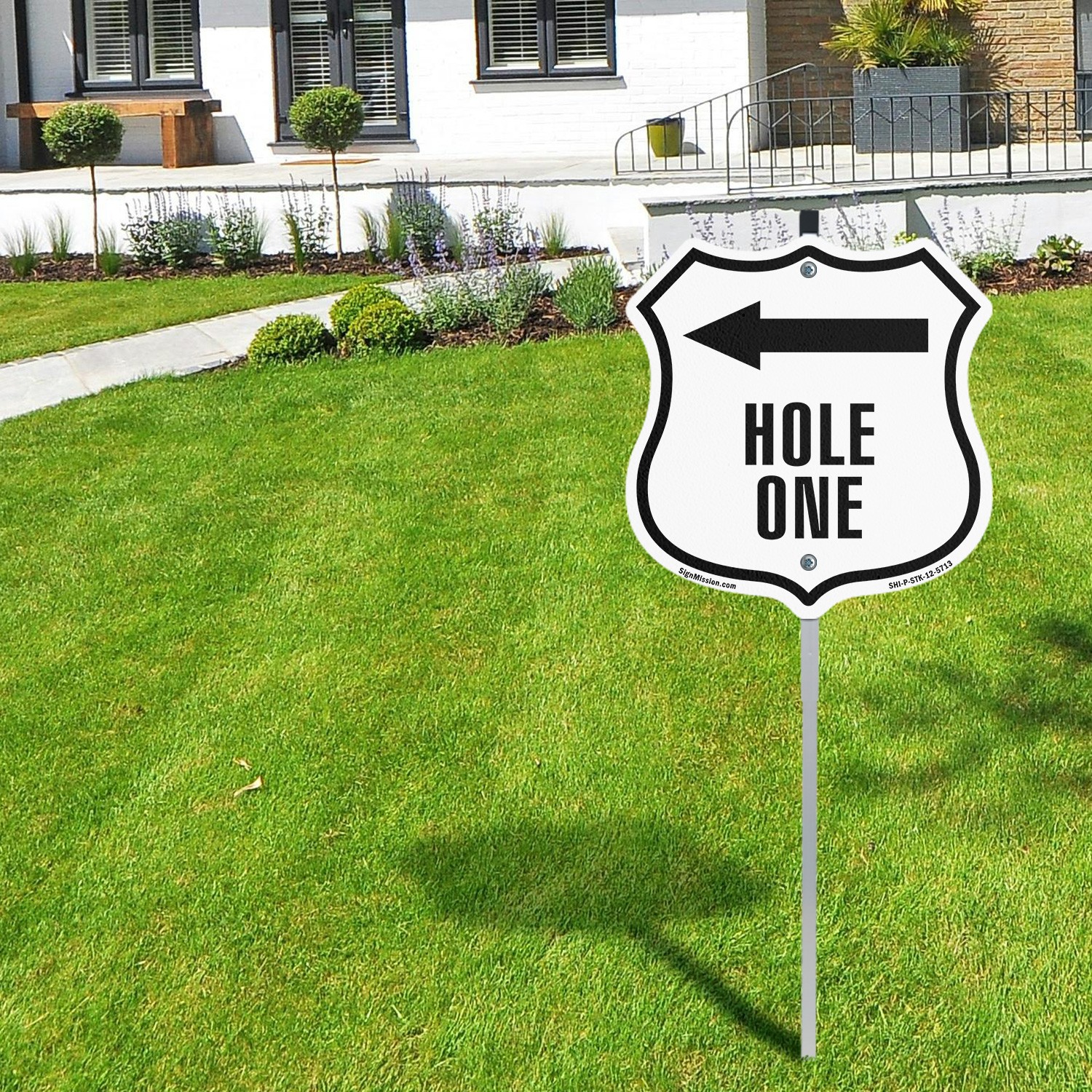 Hole 1 Left Shield Shaped Sign With Stake Weather Resistant Crafted in the USA