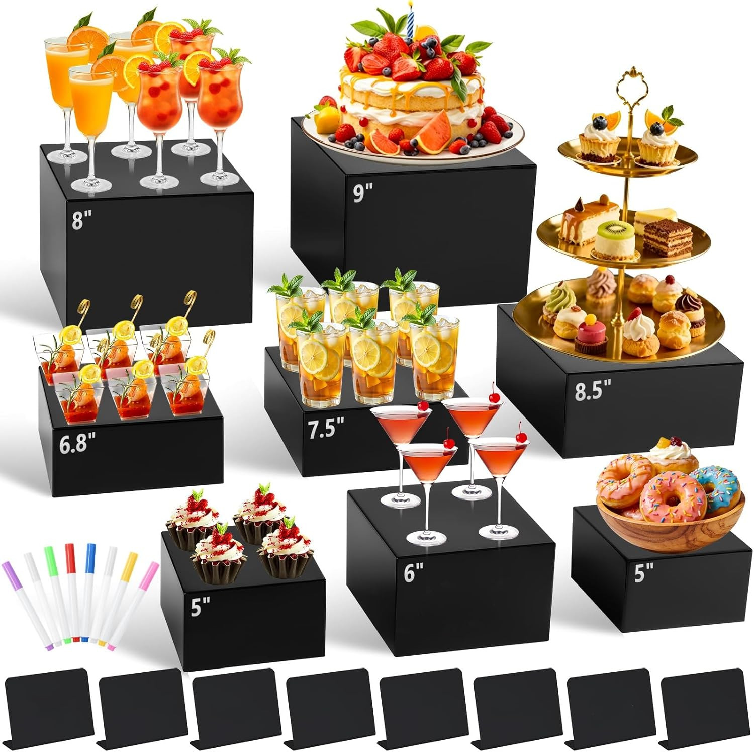 8Pcs Black Acrylic Buffet Risers with Mini Sign and Marker, Food Display Risers