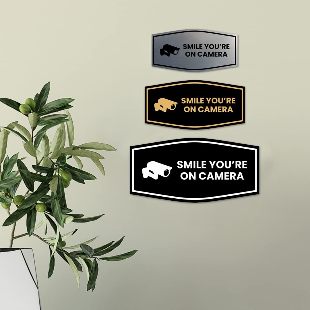 1 Pack Medium Smile Youre On Camera Sign, Black Gold, Fancy, Business