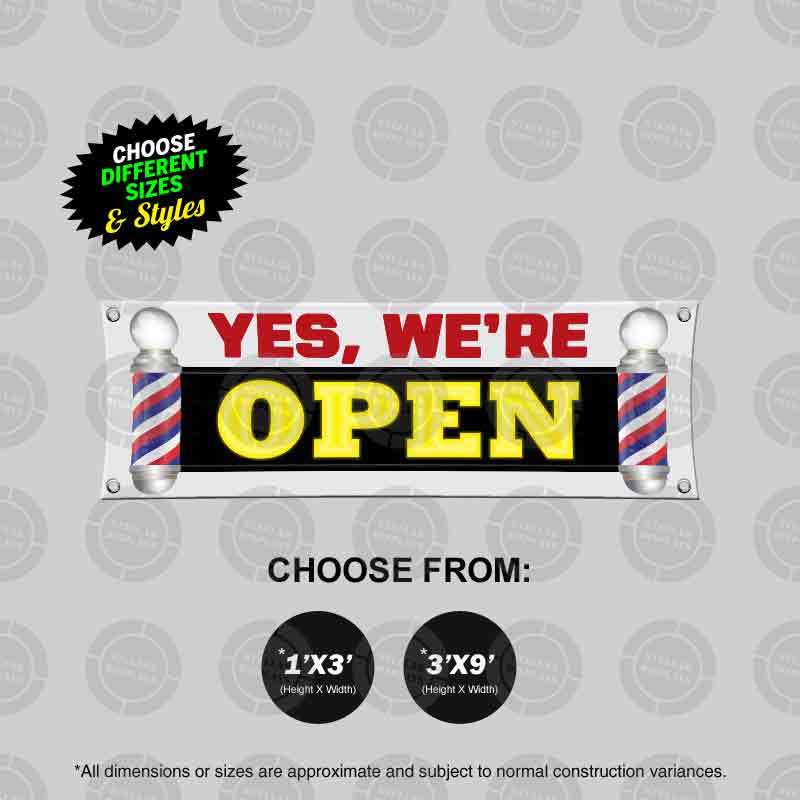 YES WE’RE OPEN Banner Barbershop On Duty Sign Hiring Display Barber Pole Cheap