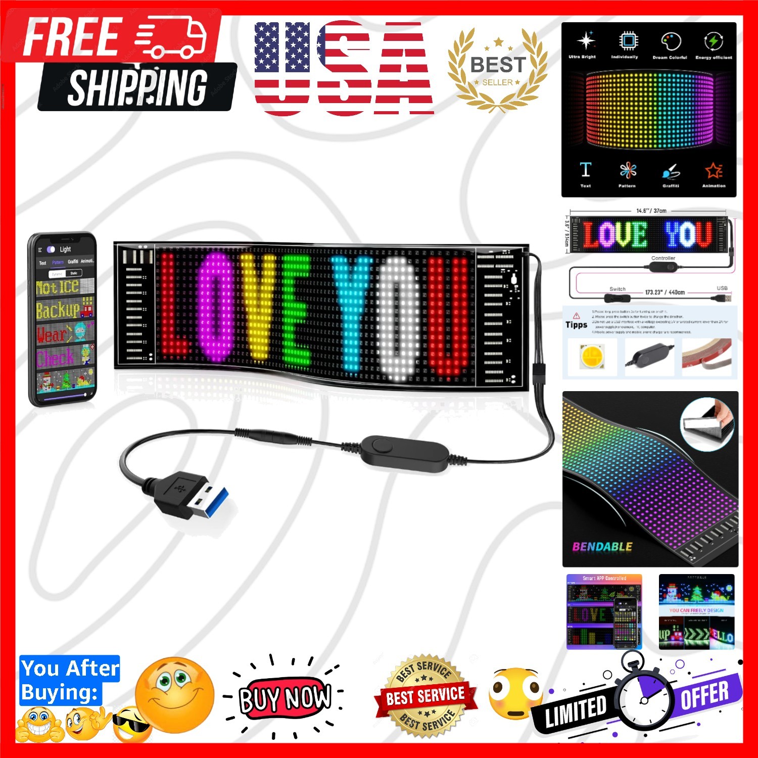 Scrolling Bright Advertising LED Signs, Flexible USB 5V LED Car Sign Bluetoot…