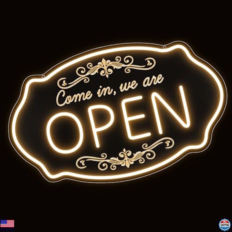 LED Neon Open Sign for Business, 16.5×10” Come in We’re Open Sign, Warm White