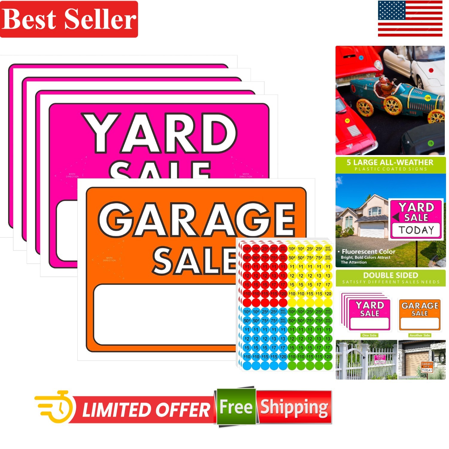 Yard Sale Sign Kit 5-Piece Double-Sided Neon Plastic Signs with 1400 Stickers