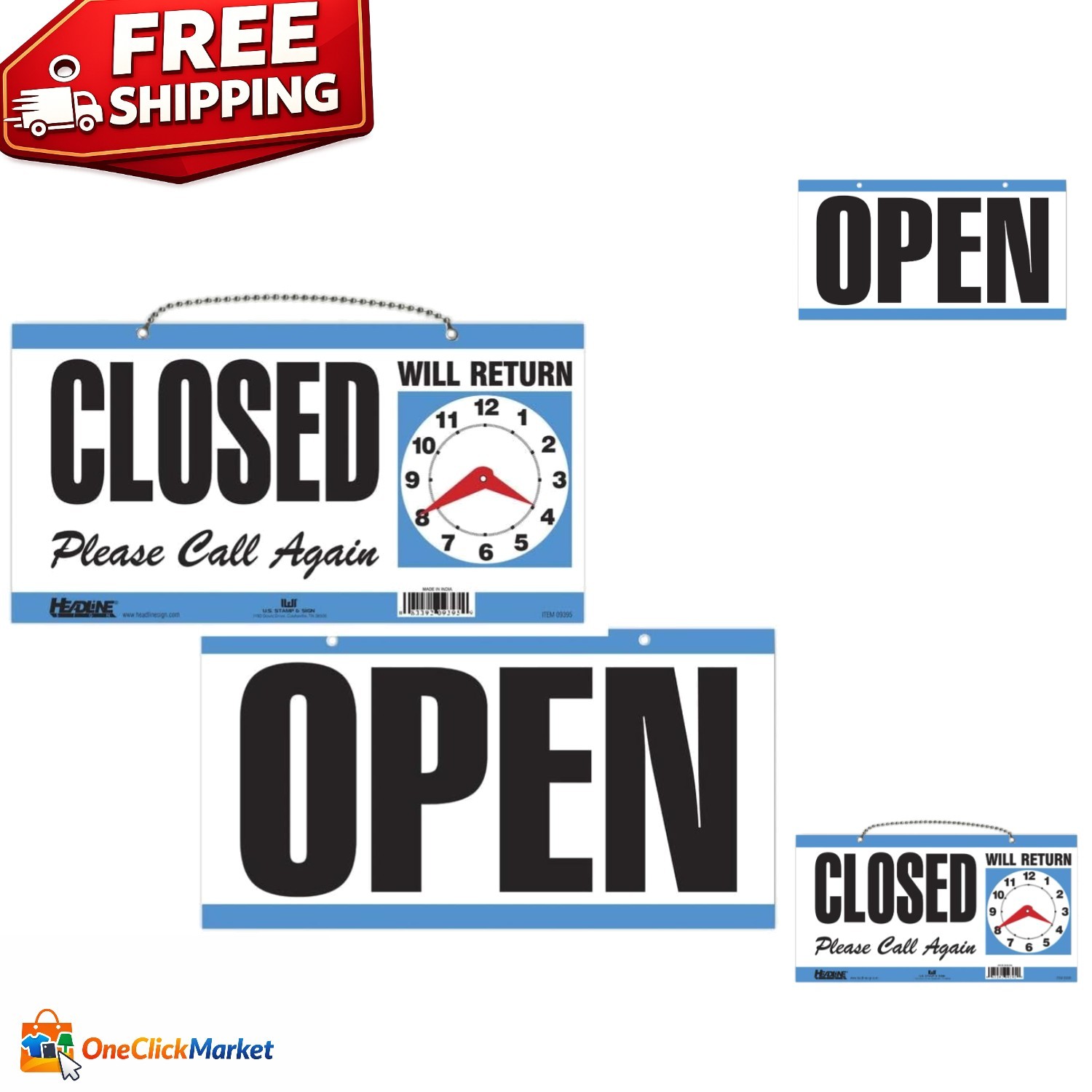 Vibrant Blue Open/Closed Sign with Clock Hands – Must-Have for Businesses!