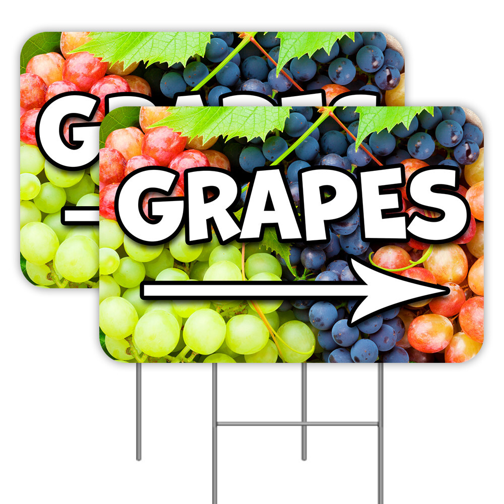 GRAPES (Arrow) 2 Pack Double-Sided Yard Signs 16″ x 24″ with Metal Stakes (Made