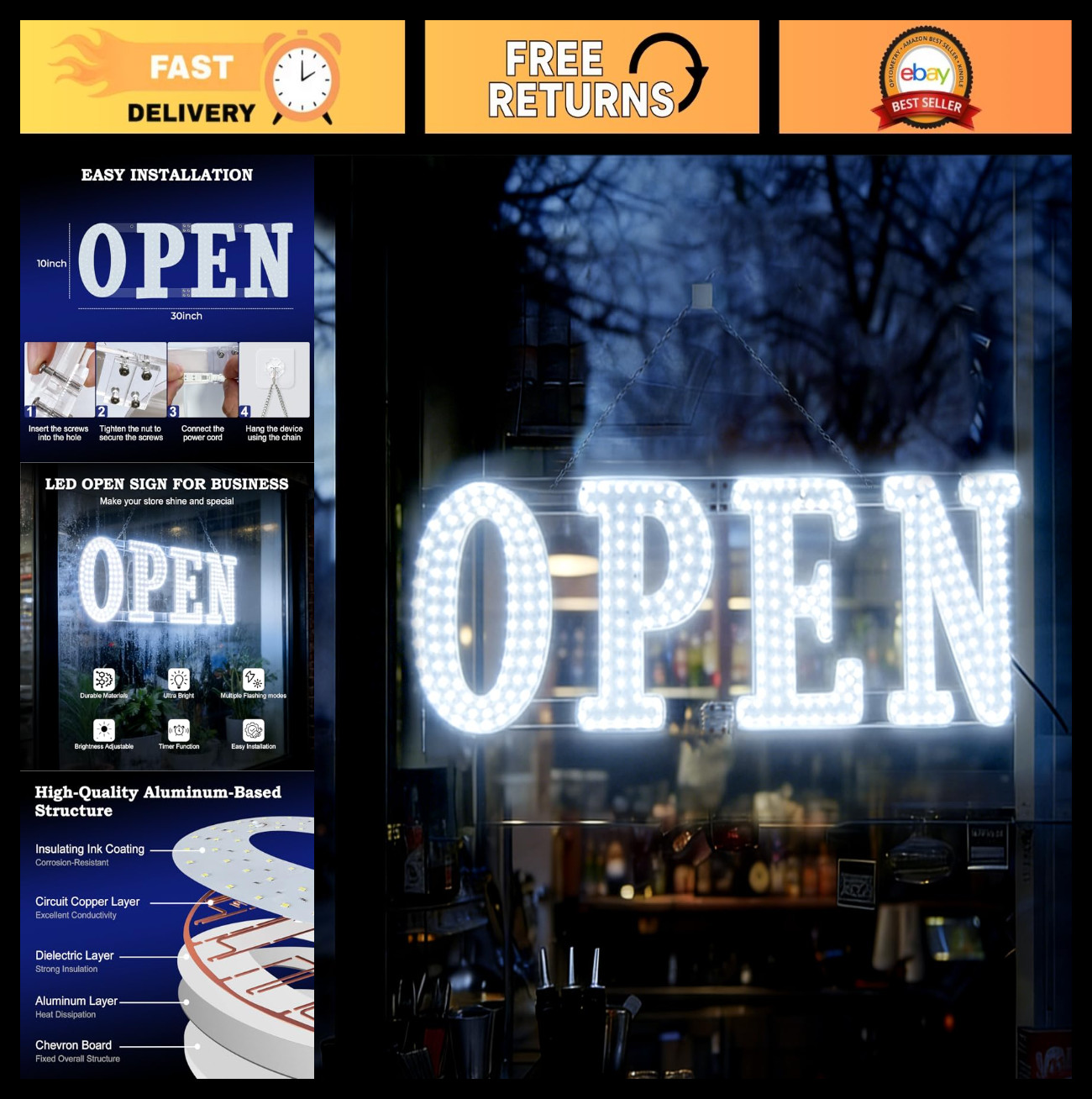 LED Open Sign for Business 30″x10″ – Timer, Remote, 10 Flash Modes, Brightness L
