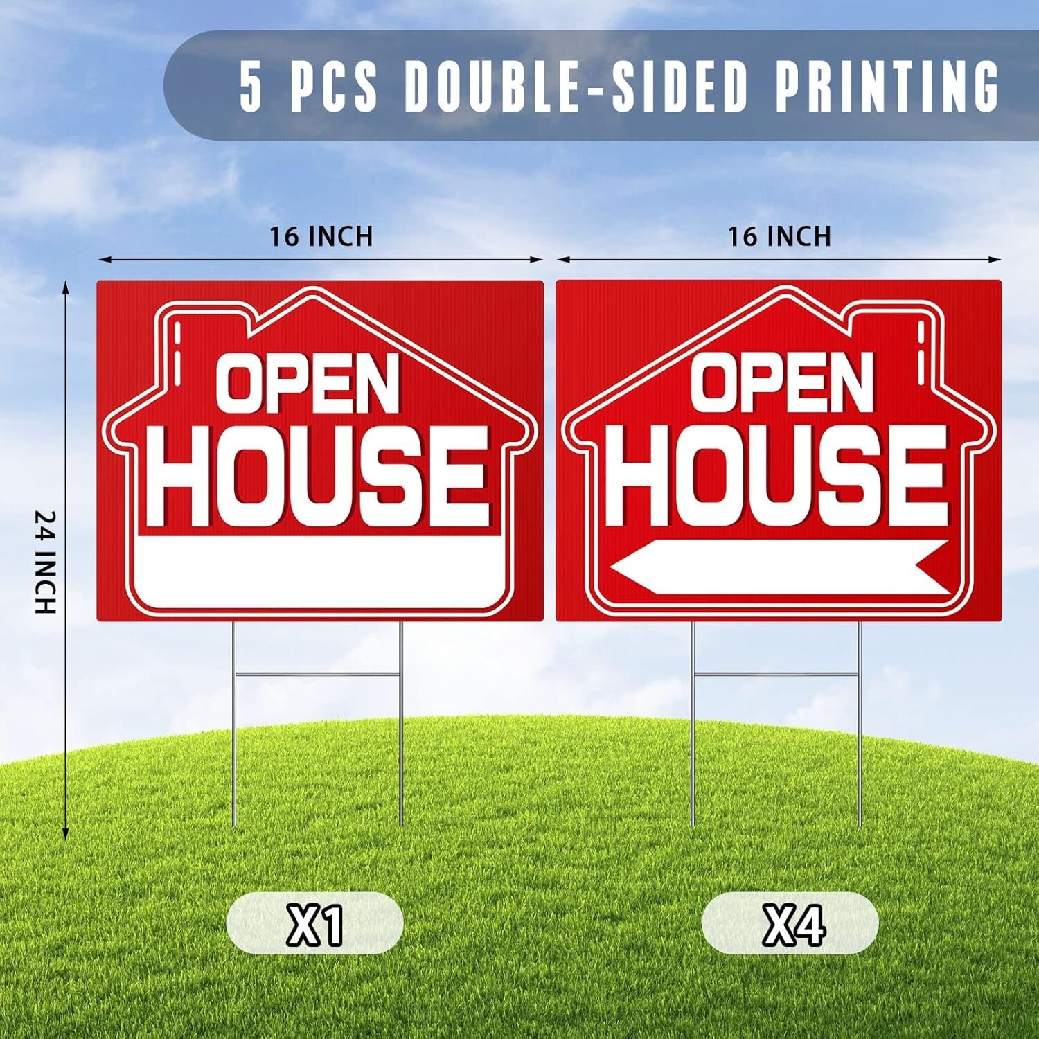 Open House Signs 5 Pack 16″ x 12″ Double-Sided Yard Signs with Metal H Stakes…