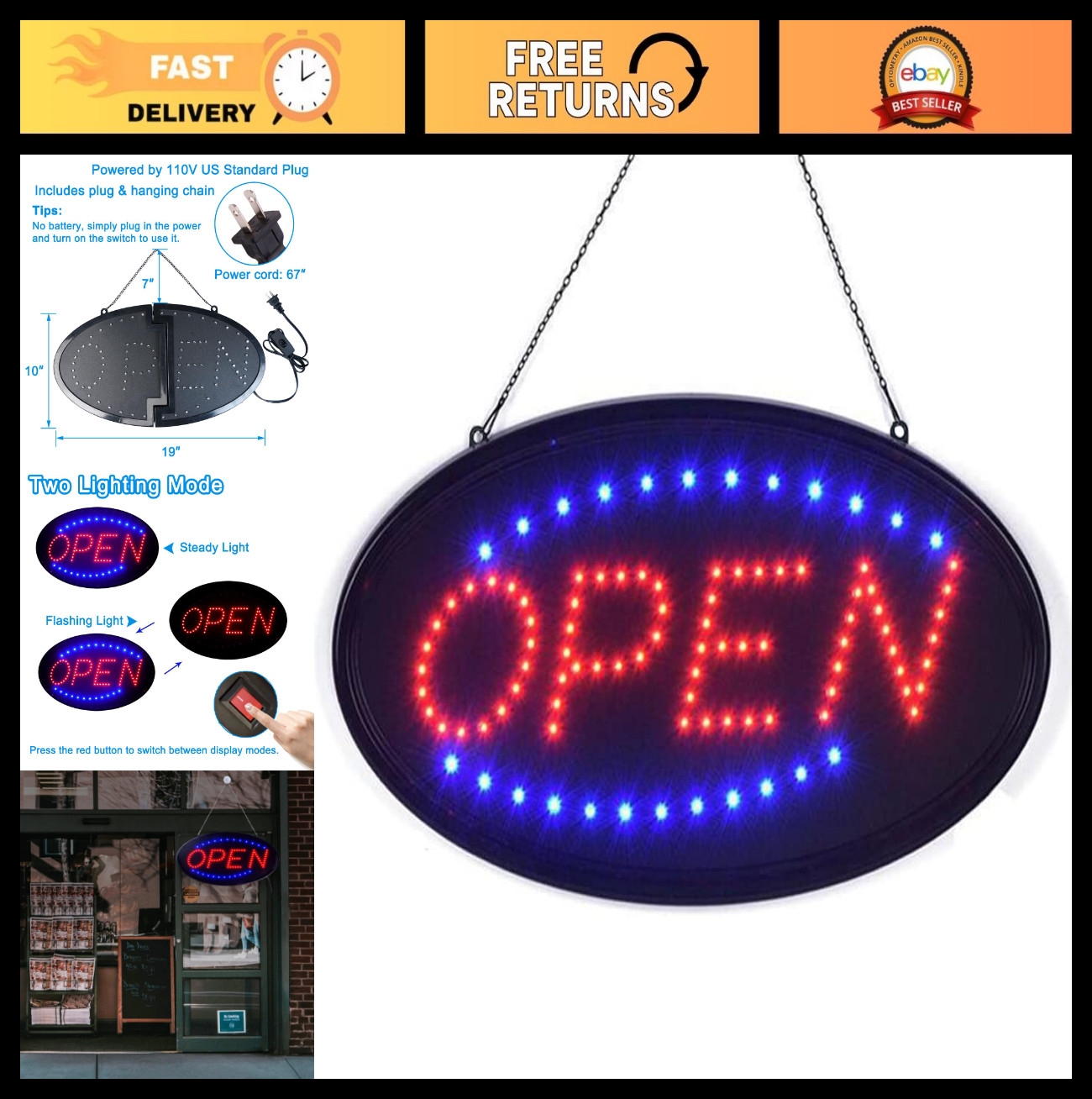 Bright LED Open Sign 19″x10″ High Visibility Electric Display for Business, Shop
