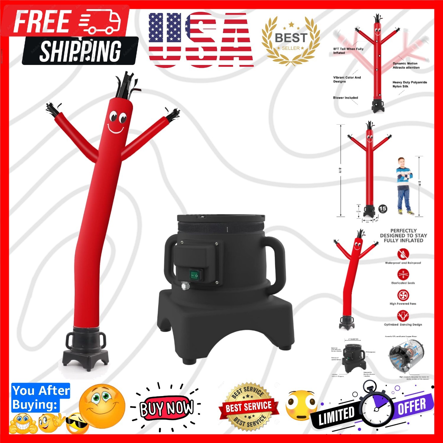 8FT Fly Puppet Dancer with 1/3hp Blower Complete Set RED