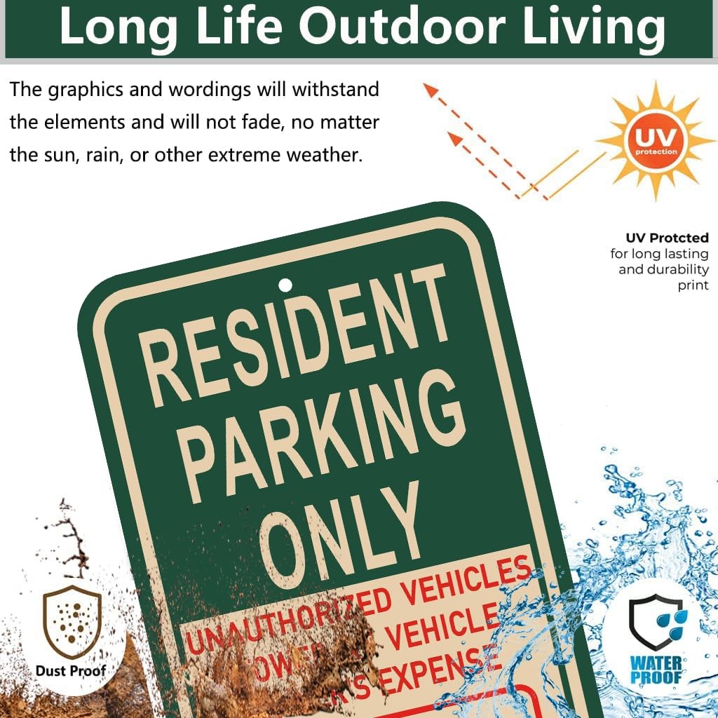 Resident Parking Only Unauthorized Towed Reflective Metal Sign 18×12 In 2 PCS