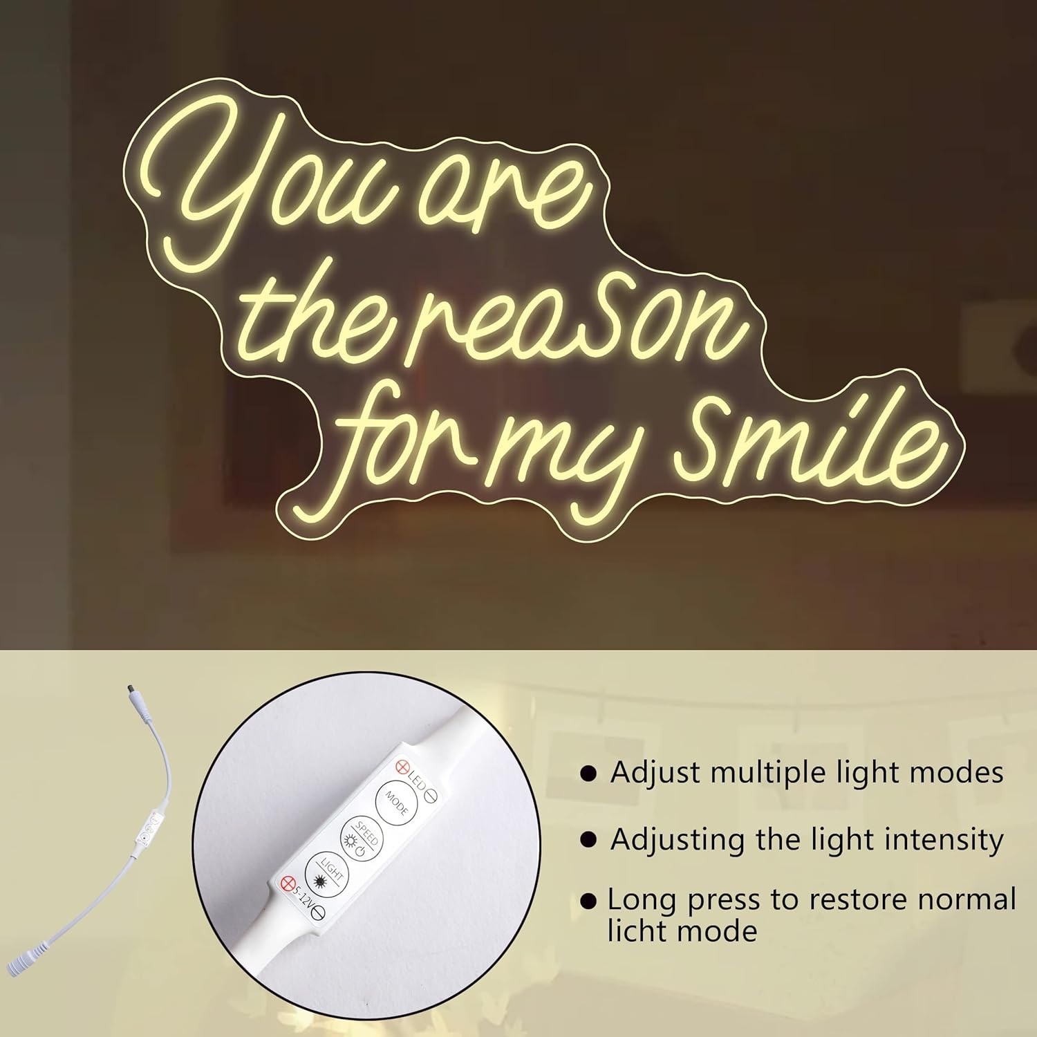 Led Neon Sign Ur Reason for My Smile Warm White Light 110V Wall Decor 26 x 14″