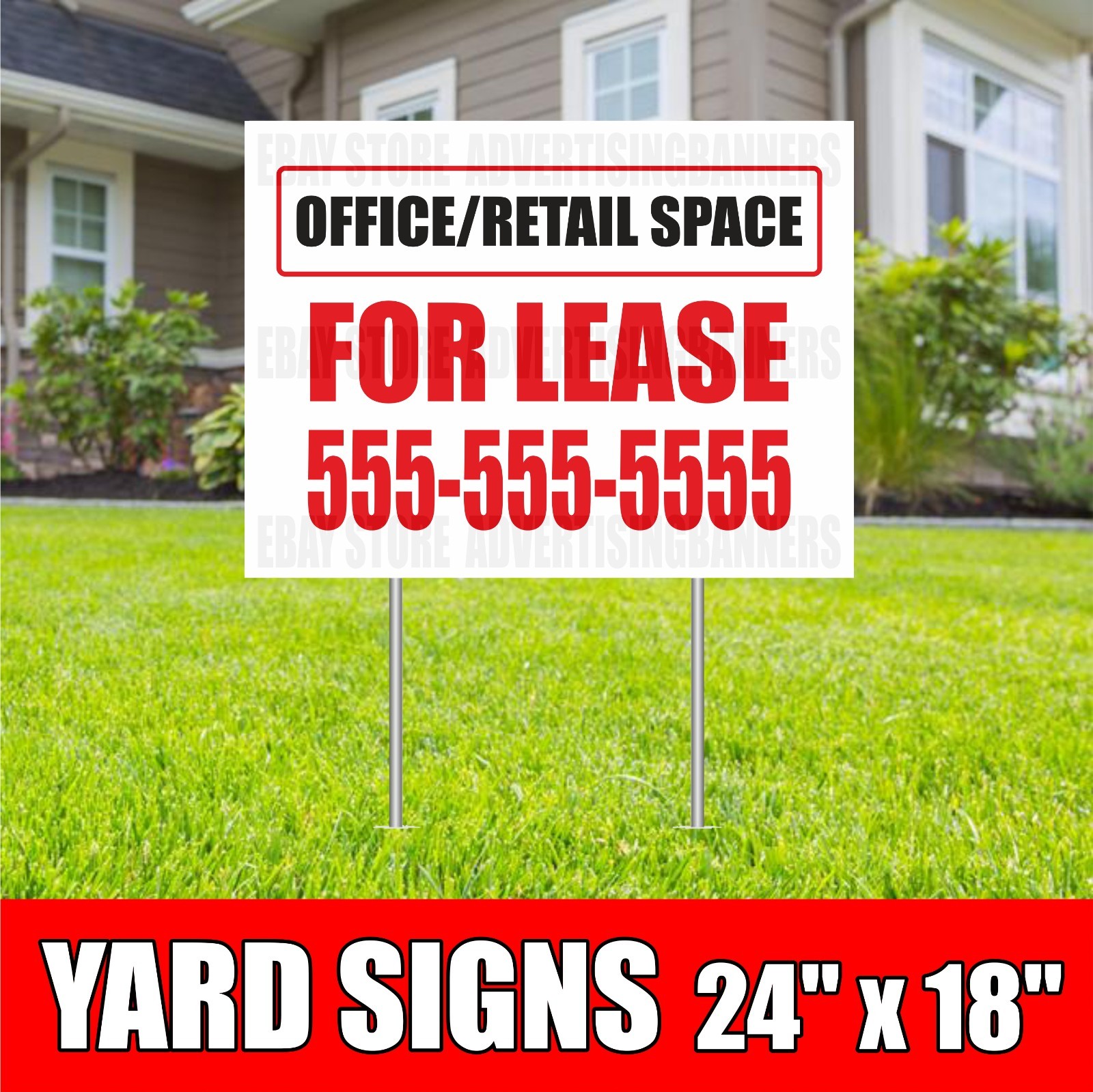 OFFICE RETAIL SPACE FOR LEASE Yard Sign with H-Stakes Rent Custom Phone