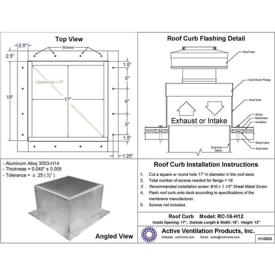 Aluminum Roof Curb Is 19 W X 19 L X 12 In. H Extension Provides Platform Mount