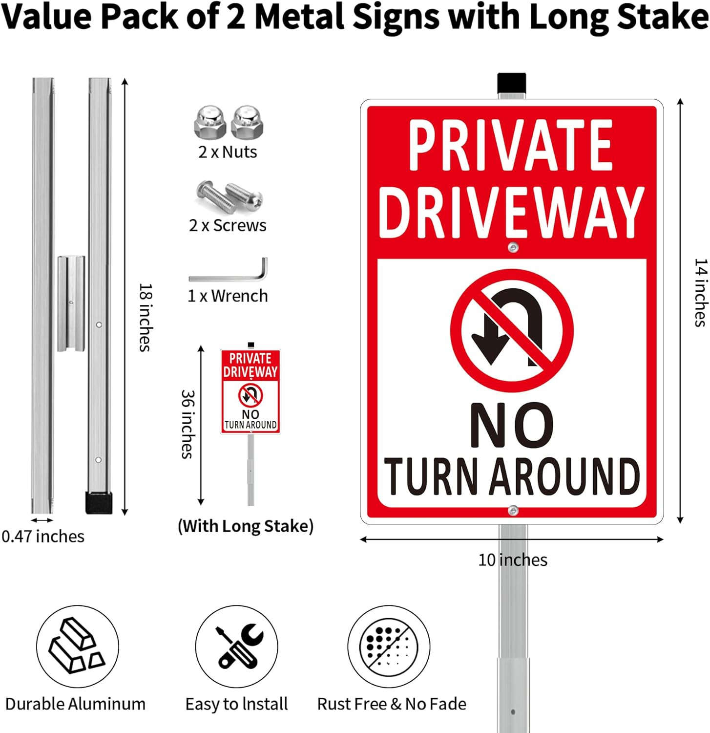 2 Pack No Turn around Driveway Sign – 14X10 Inch Heavy Duty Aluminum Private Dri