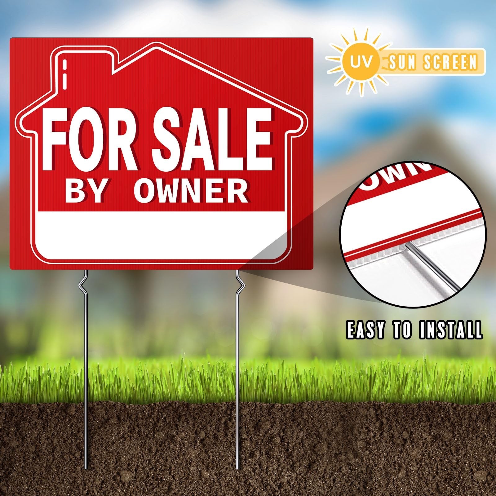 For Sale By Owner Yard Signs (3 Pack) – 18″ X 14″ Double-Sided with H Stakes