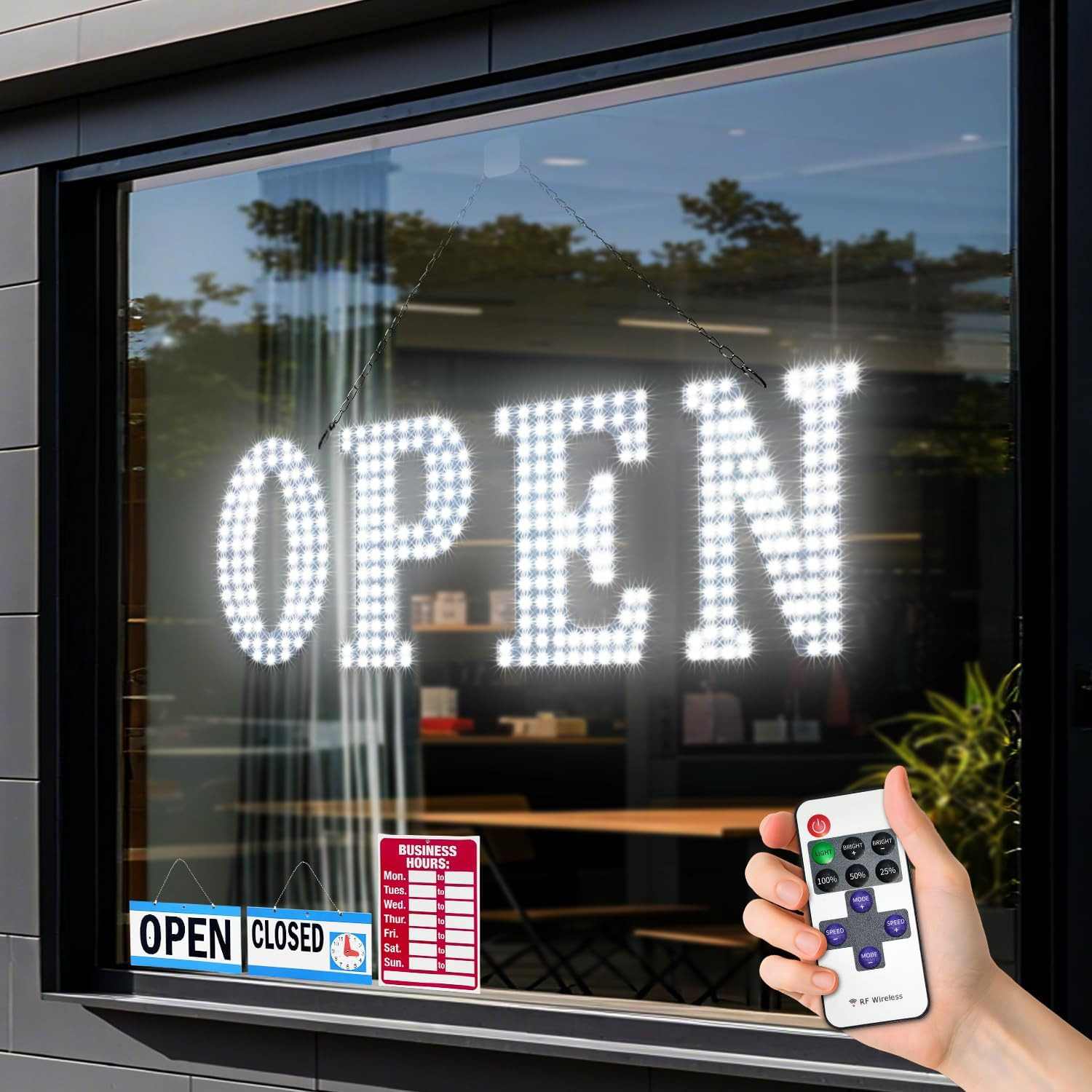 Bright LED Open Sign with Remote, 14 Modes, Dimmable for Businesses