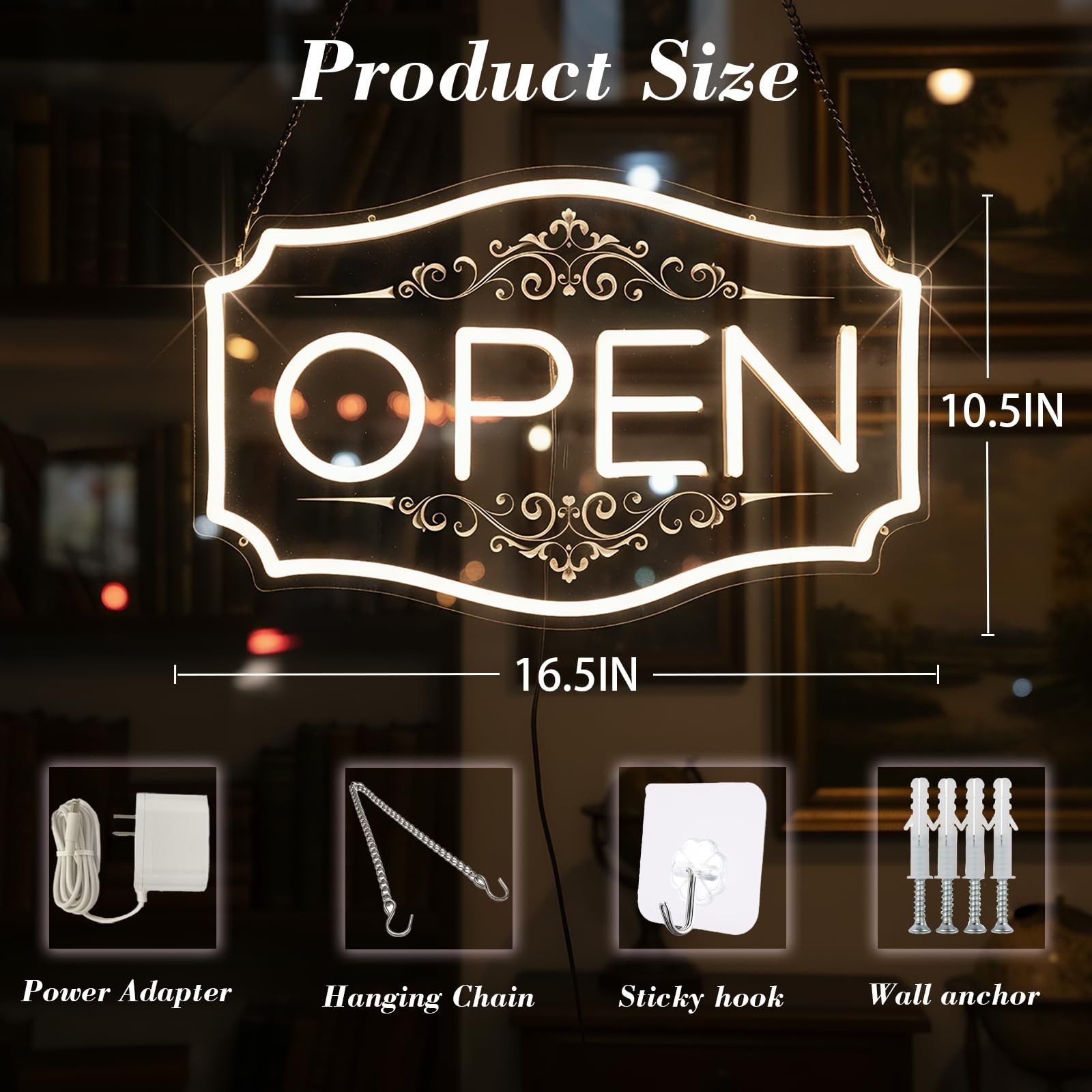Dimmable LED Open Sign for Business – 16.5″x10.5″, Warm White Neon Light for Win