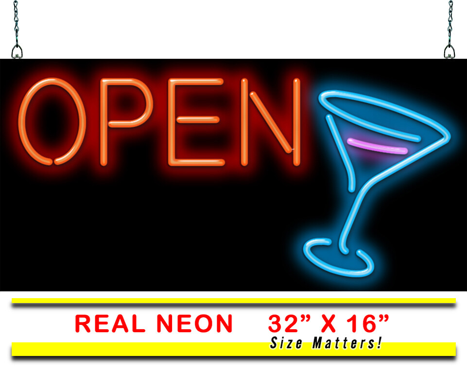 Open with Cocktail Neon Sign Jantec 32″ x 16″ Mixed Drinks Bar Winery Club