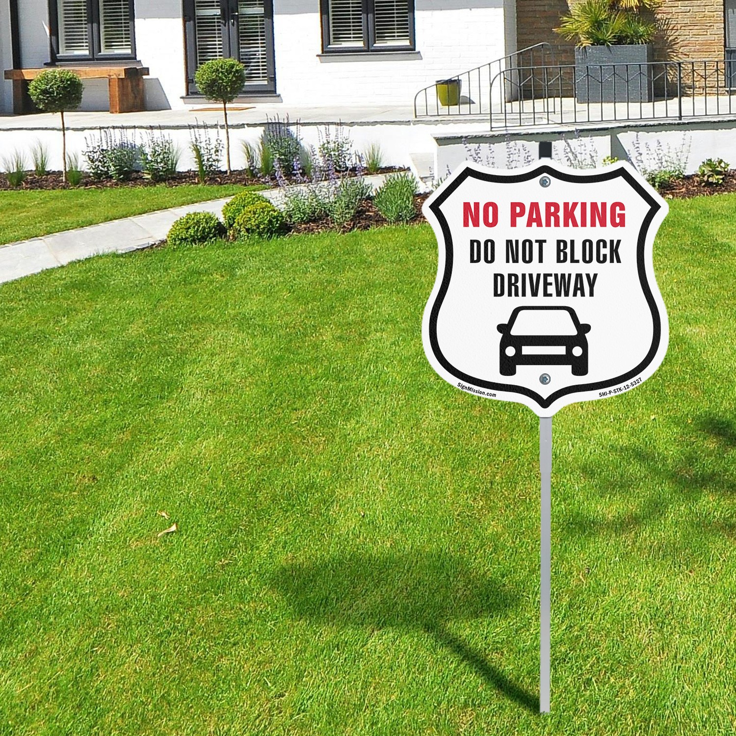 NO PARKING Do Not Block Driveway Shield Shaped Sign With Stake Weather Resistant