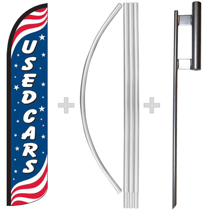 Used Cars Patriotic 15′ Tall Windless Swooper Feather Banner Flag & Pole Kit