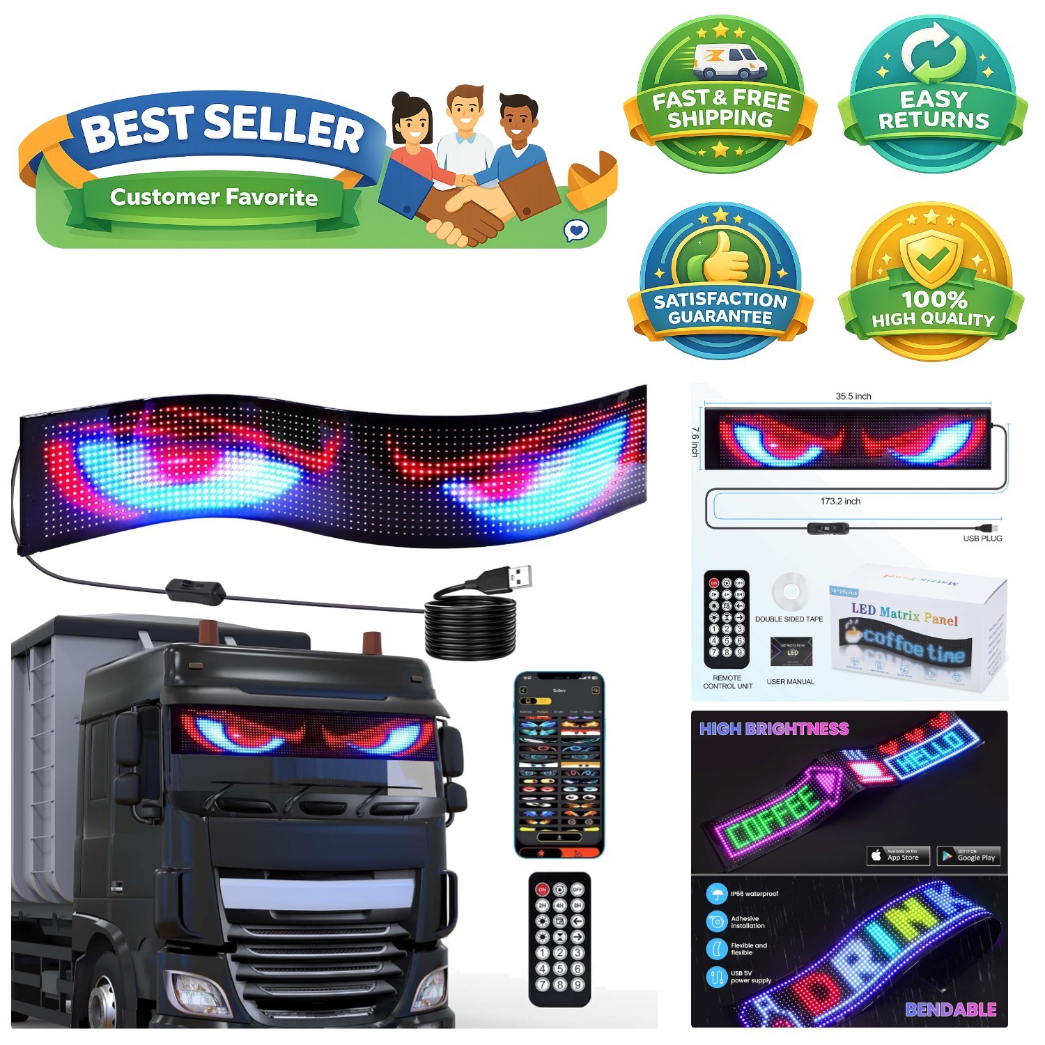 Waterproof LED Sign, 35.5”x7.6” Flexible Eye Lamp for Indoor/Outdoor Use