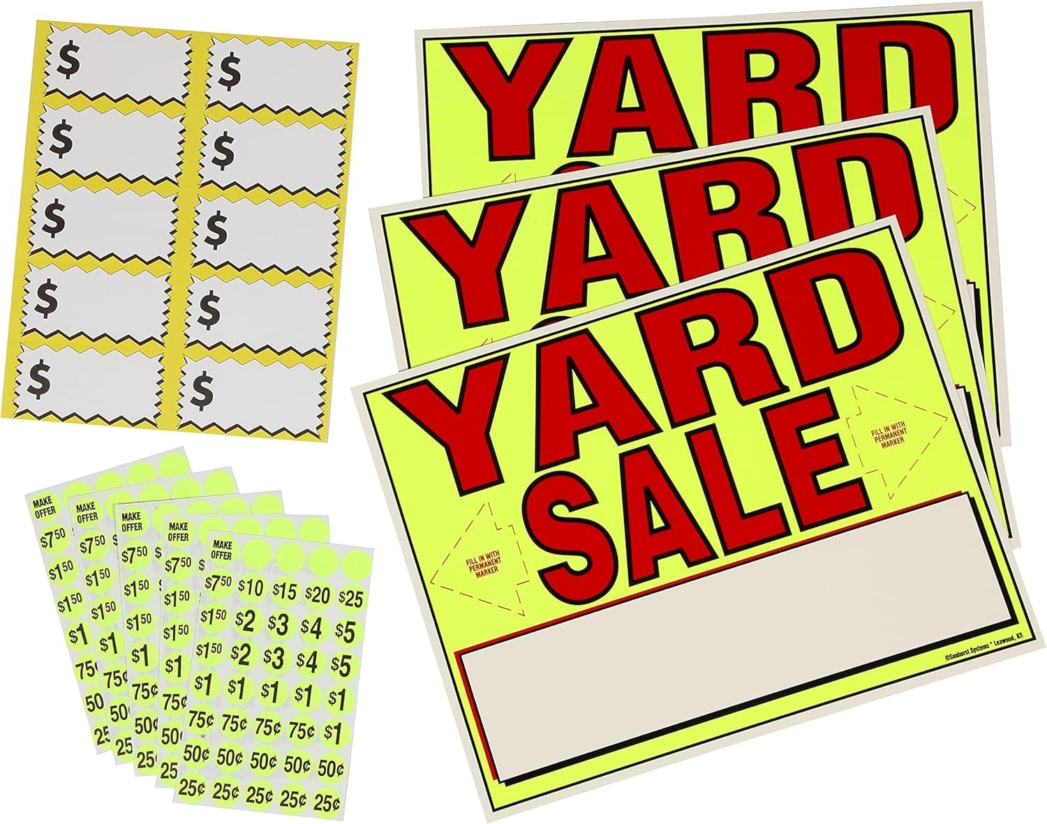 Complete Yard Sale Sign Kit: 3 Bright Neon Signs & 200 Pricing Stickers Included