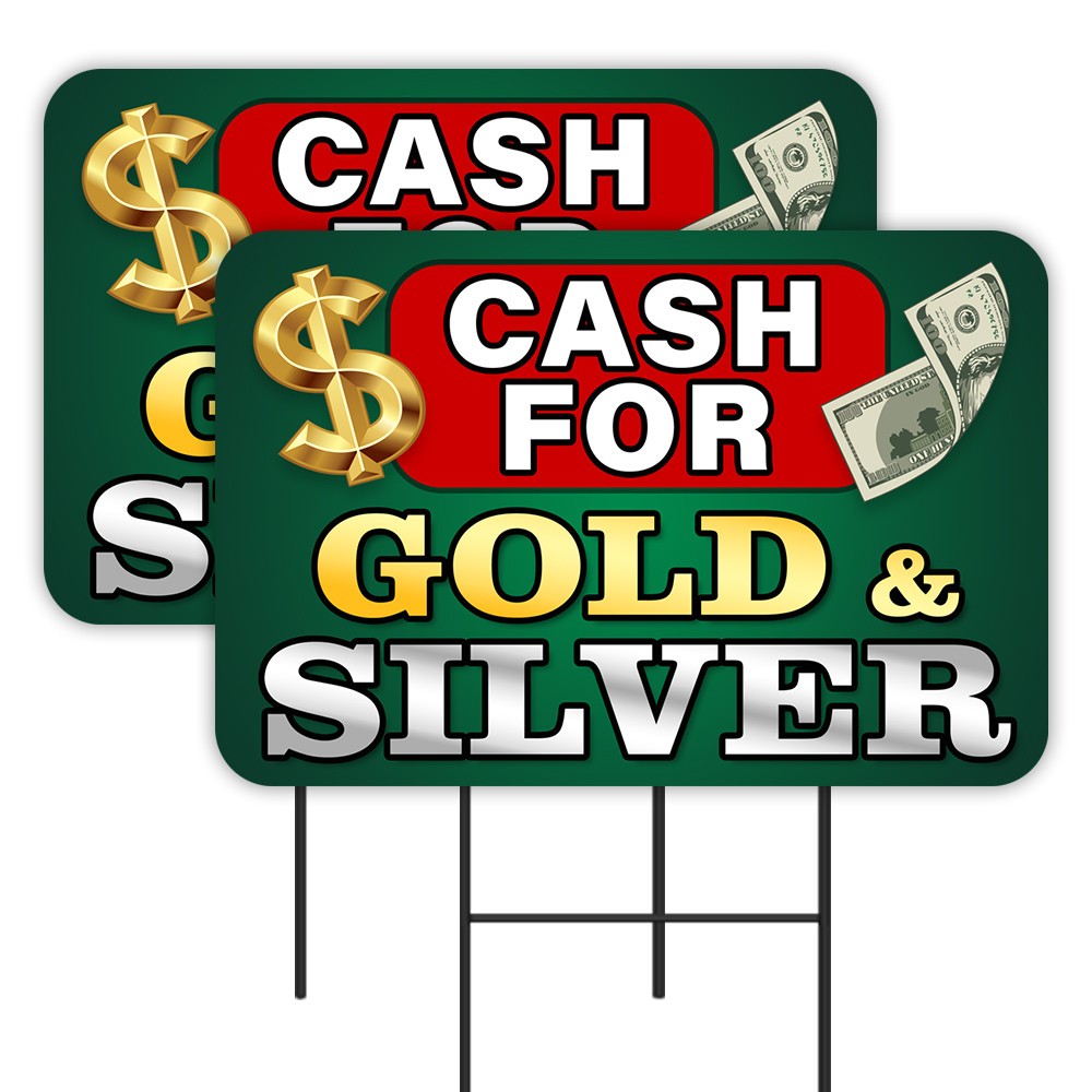 Cash For Gold & Silver – Pawn Jewelry 2 Pack Double-Sided Yard Signs 16″ x 24″ w
