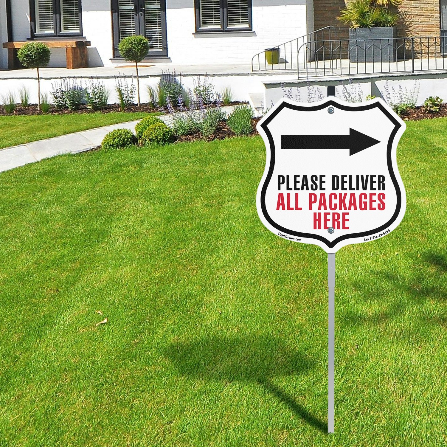 Please Deliver All Packages Here Right Shield Shaped Sign With Stake