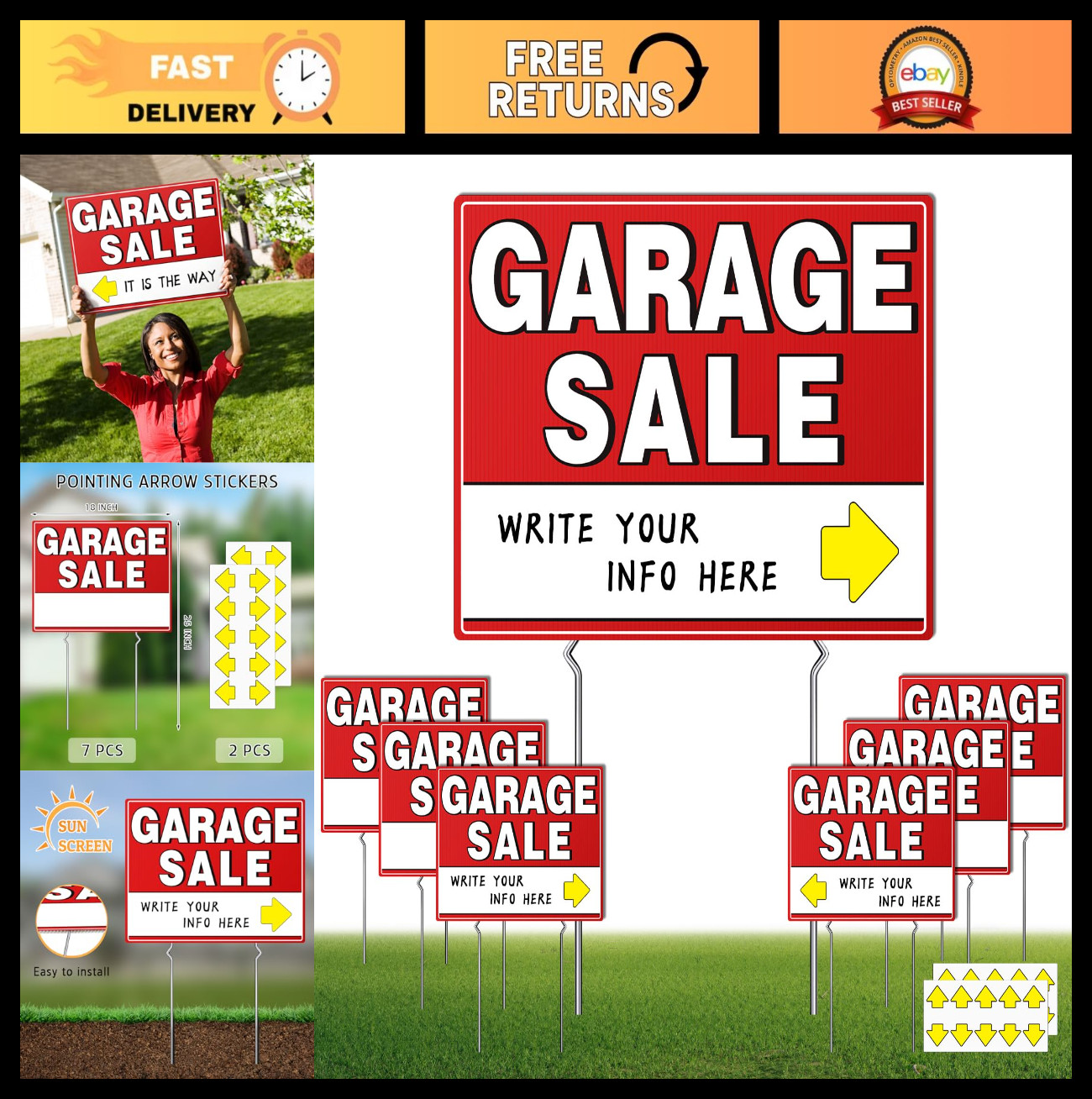 7 Pcs Double-Sided Garage Sale Signs with Metal Stakes & Directional Arrow Stick