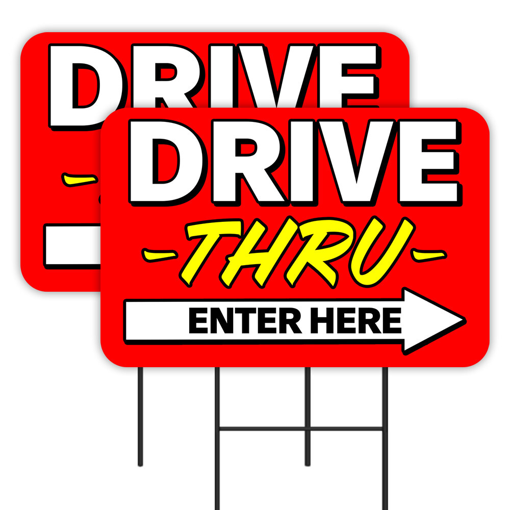 Drive Thru 2 Pack Double-Sided Yard Signs 16″ x 24″ with Metal Stakes (Made in T