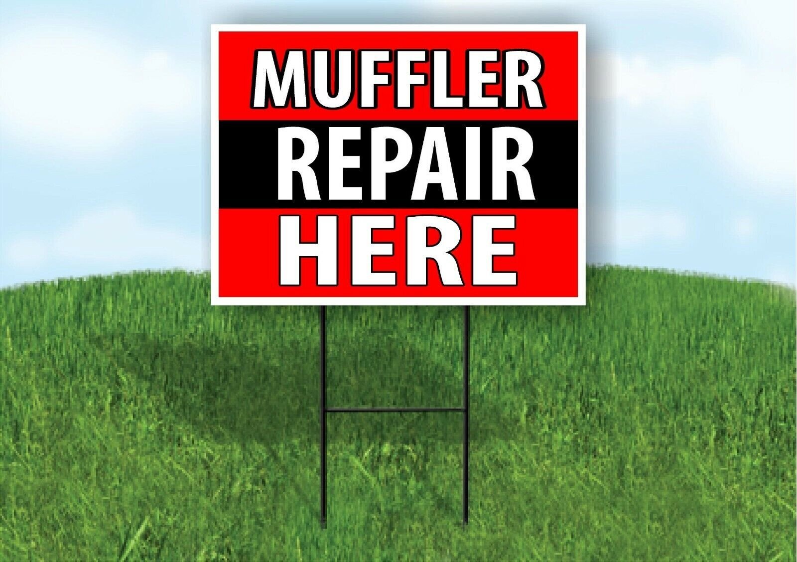 Muffler REPAIR HERE BLACK STRIPE Plastic Yard Sign ROAD SIGN with Stand