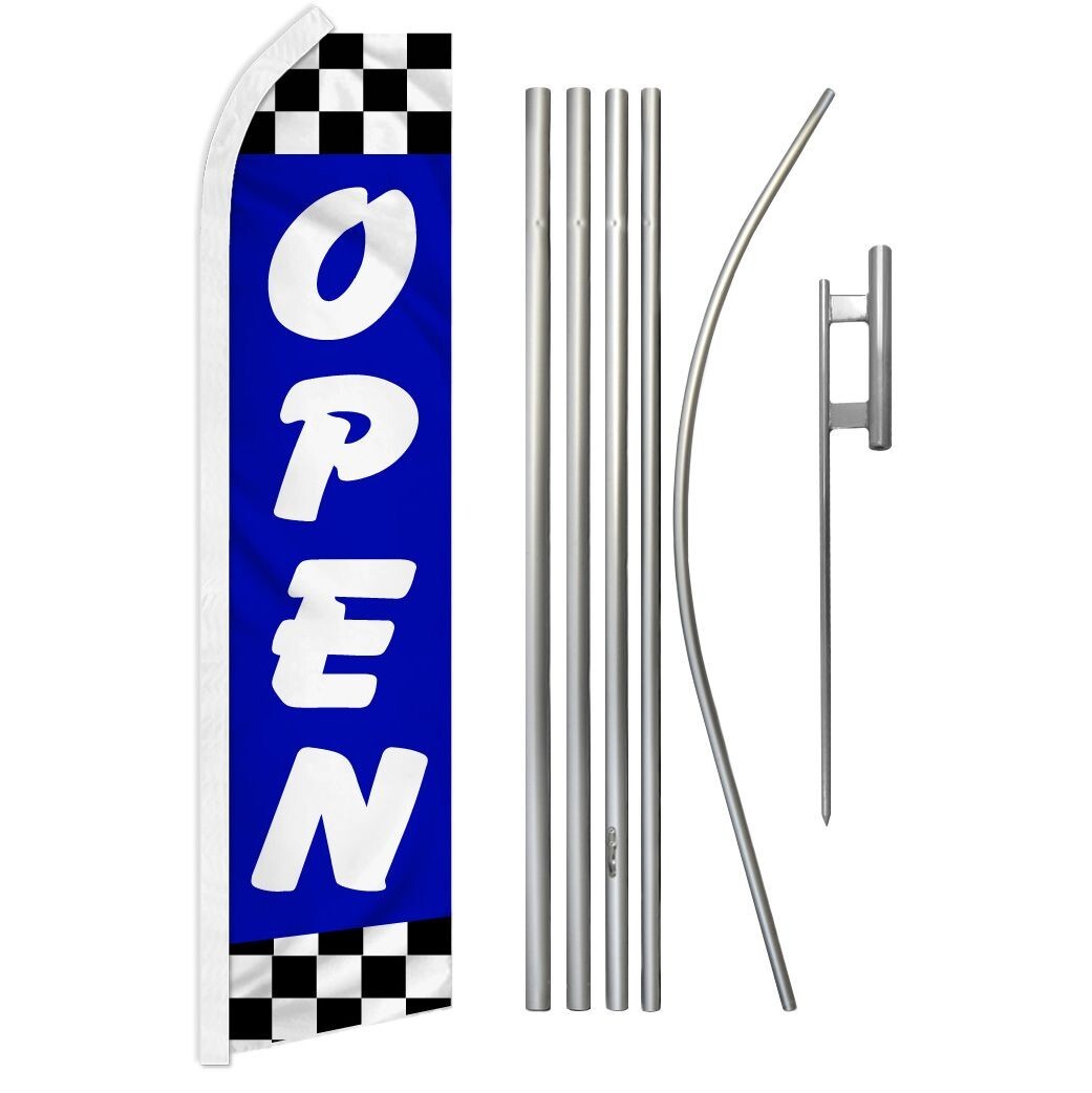 Open (Blue Checkered) Swooper Advertising Flag & Pole Kit