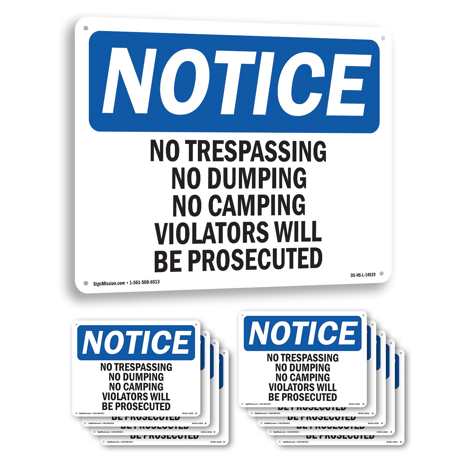 No Trespassing No Dumping No Camping Violators OSHA Notice Sign – 5 or 10 Pack