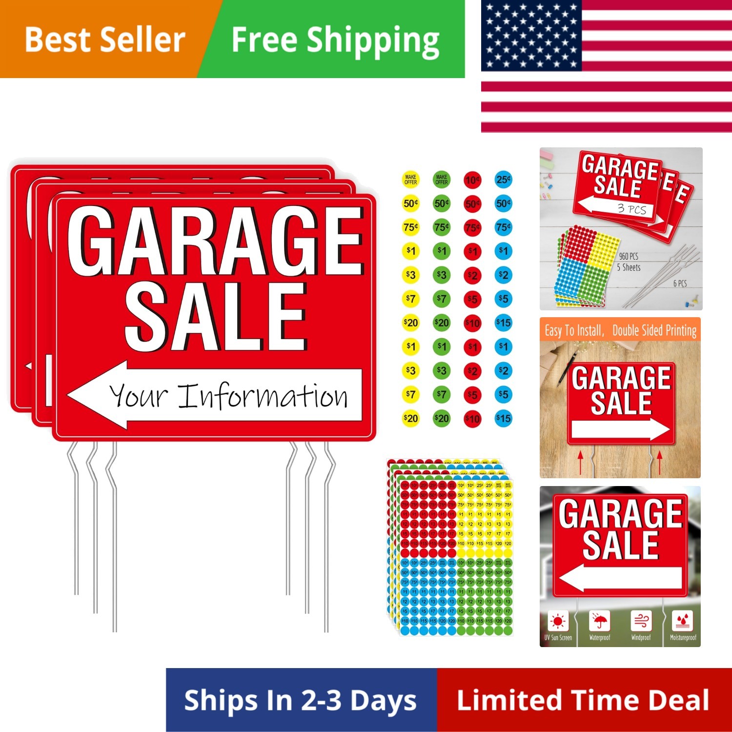 Garage Sale Sign, 3PCS Double Sided Yard Sale Signs with 6 Metal Stakes & 960…