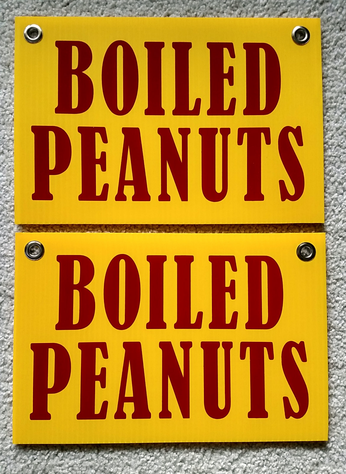 2 BOILED PEANUTS Coroplast SIGNS with Grommets 8″ x 12″ yellow FREE SHIPPING