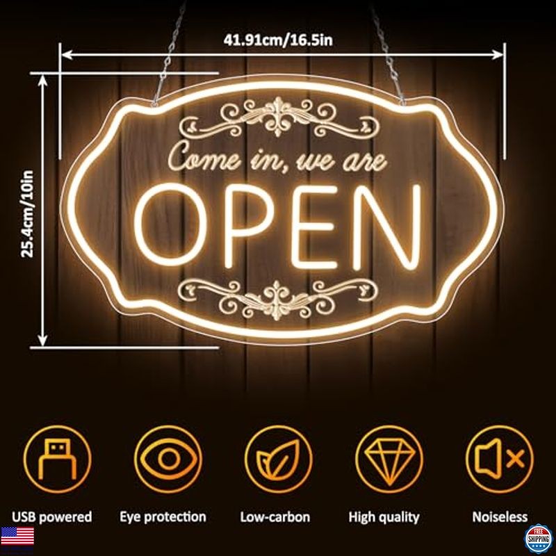 LED Neon Open Sign for Business, 16.5×10” Come in We’re Open Sign, Warm White