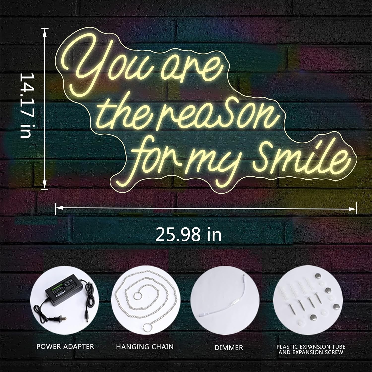 Led Neon Sign Ur Reason for My Smile Warm White Light 110V Wall Decor 26 x 14″