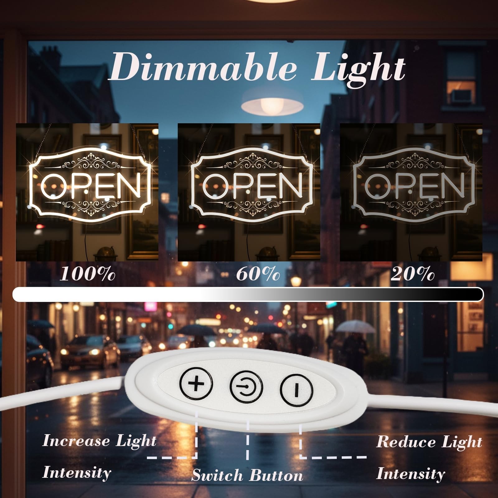 Dimmable LED Open Sign for Business – 16.5″x10.5″, Warm White Neon Light for Win