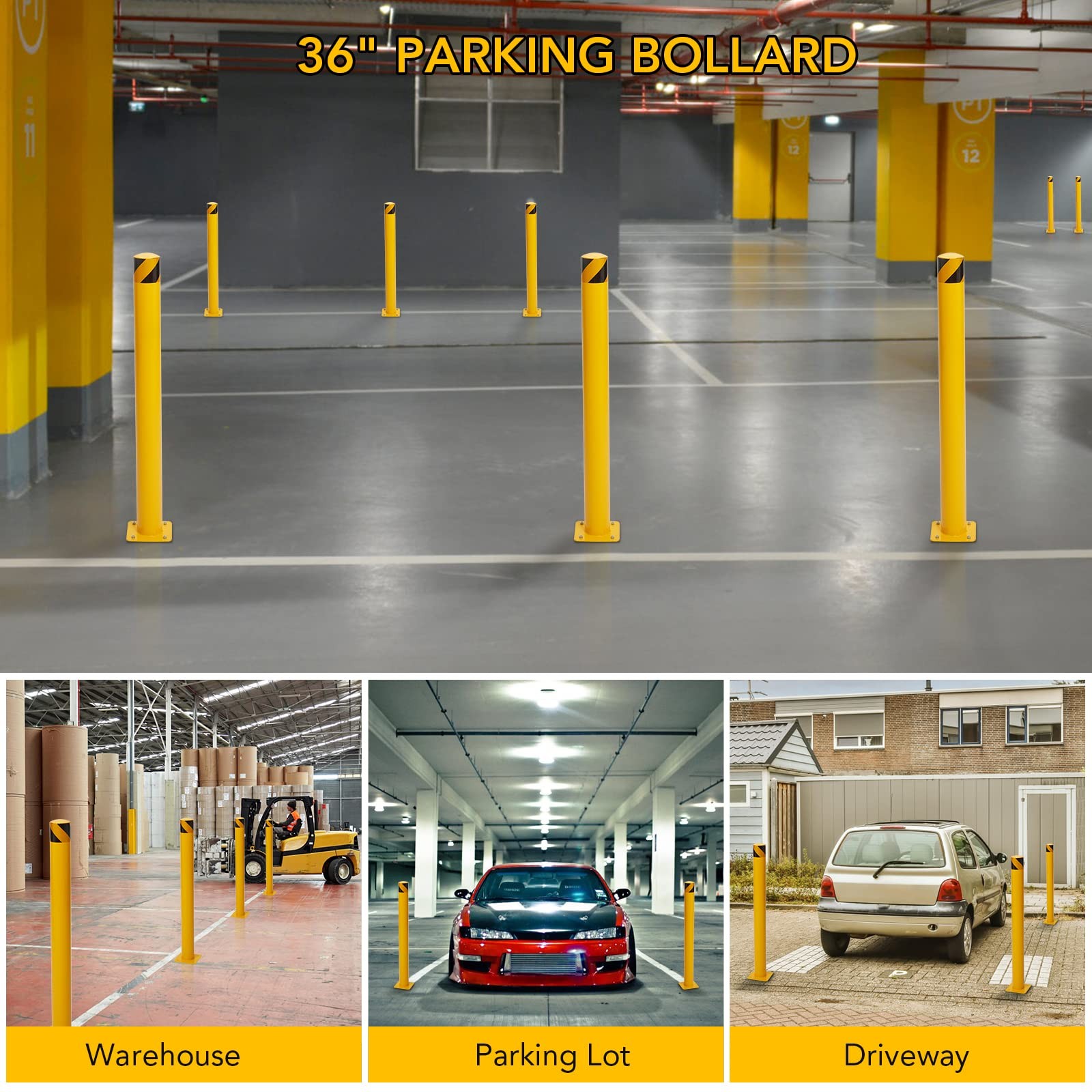 Safety Bollard 6 Packs, SierraSquad 36 in Height 6 packs 36 inch, yellow