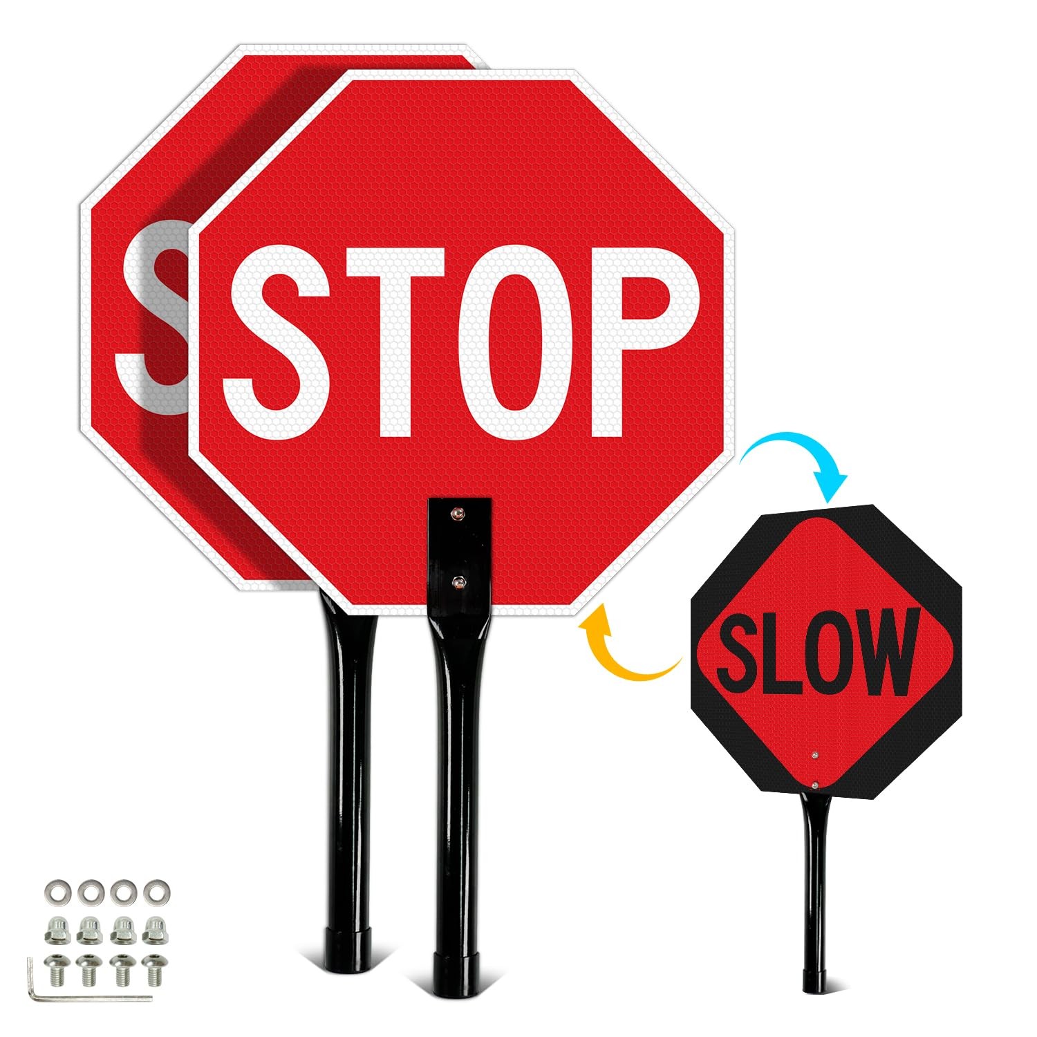 (2 Pack) Stop Slow Sign with Handle, 13 x 13 Inches Double Sided Stop/Slow Tr…