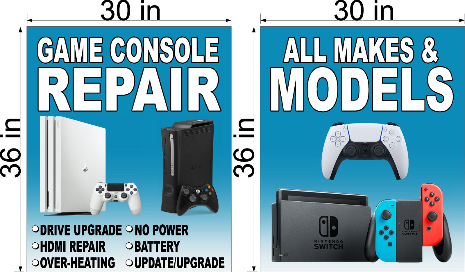 NEW PERFORATED WINDOW VINYL DECAL VIDEO GAME CONSOLE REPAIRS 30″ X 36″ PAIR