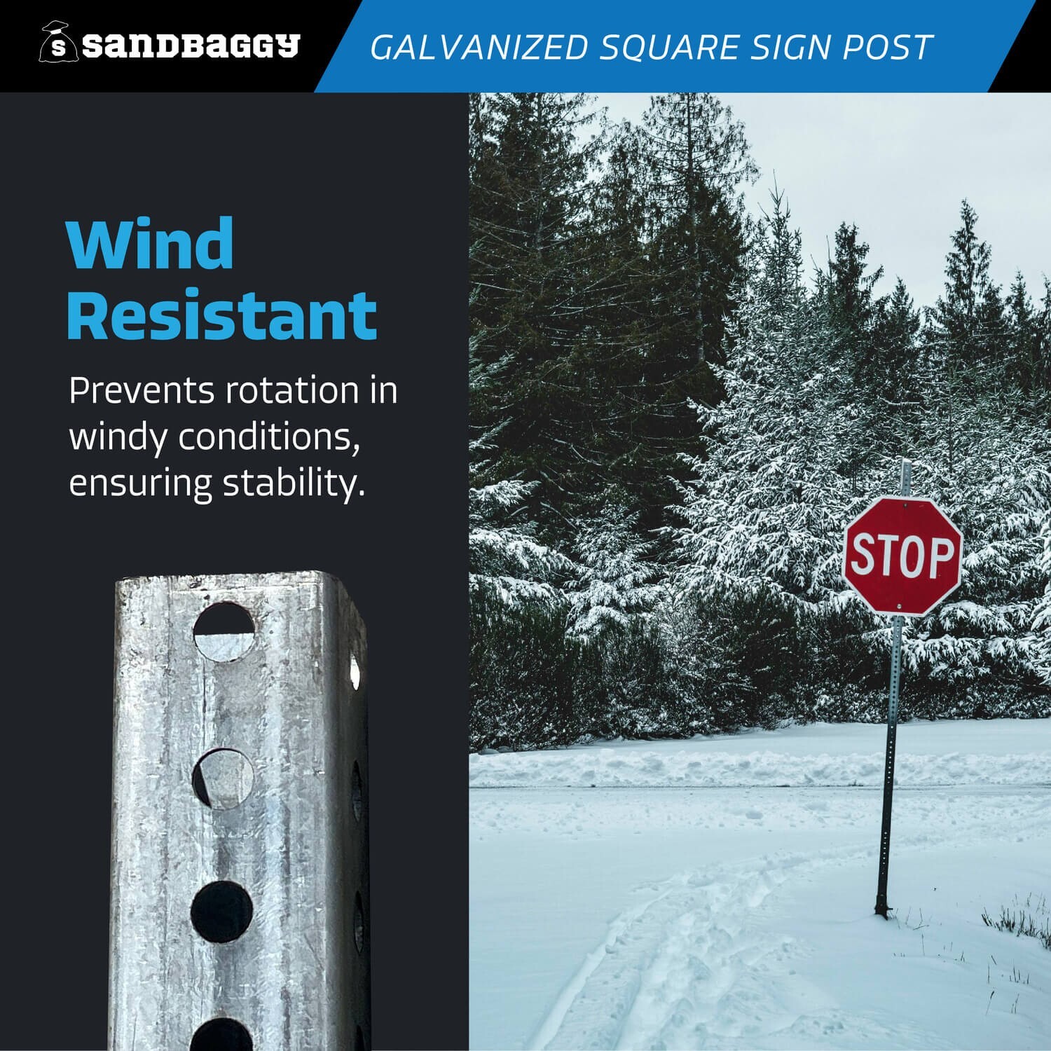 Sandbaggy 6 ft Galvanized Square Sign Post – 1-3/4″ Wide – 7/16” Hole Diameter