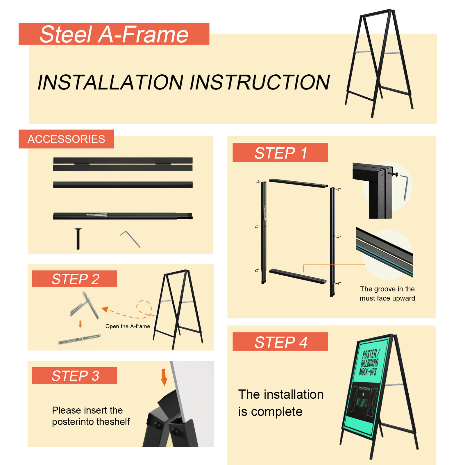 2pcs Heavy-Duty Double-Sided Metal A-Frame Sidewalk Sign Holder Stand 24″x36″