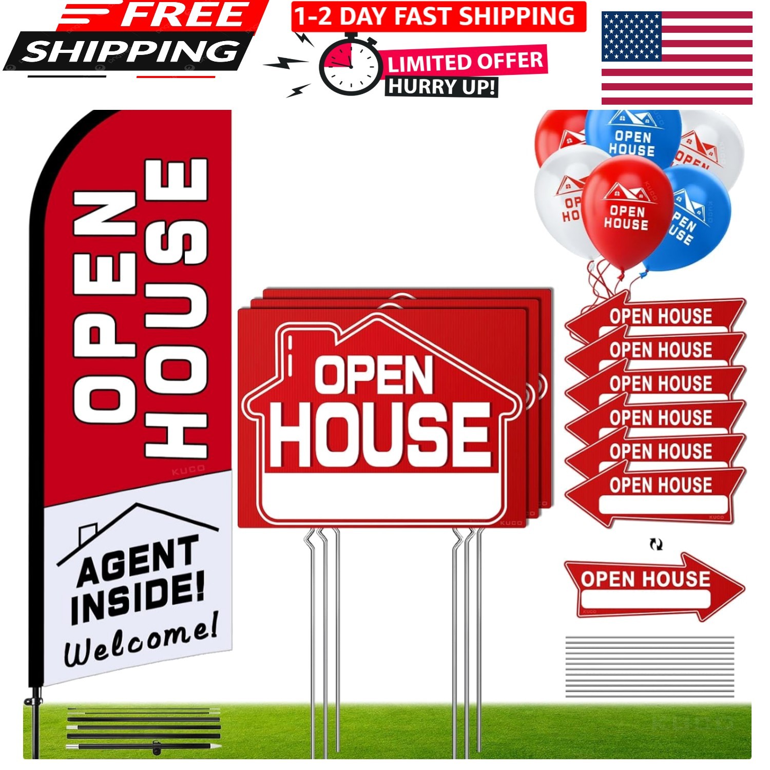 Open House Signs Kit (45 Pcs), 1 Pack Open House Flag, 9 Pack Open House Signs f