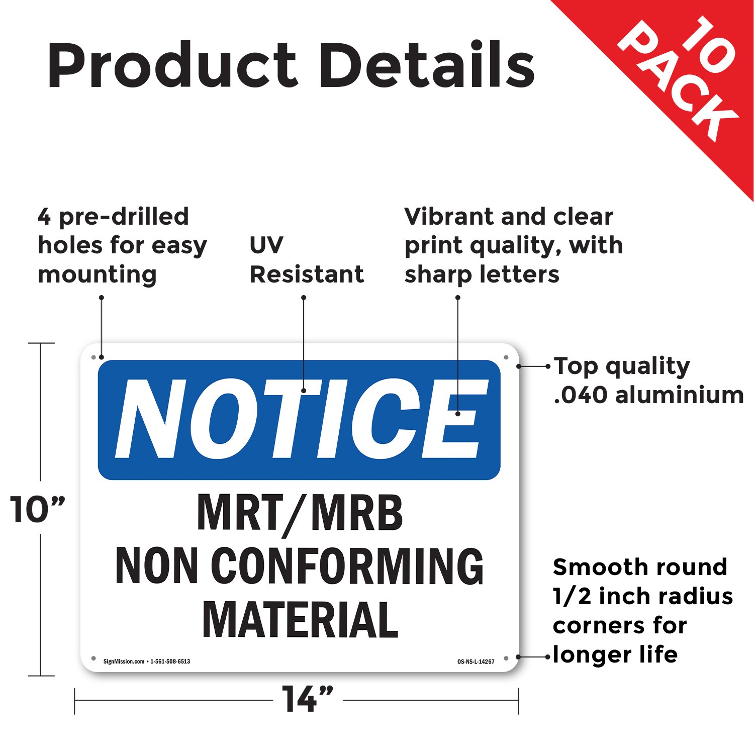 Mrt Mrb Nonconforming Material OSHA Notice Sign Metal,, Decal 5 or 10 Pack