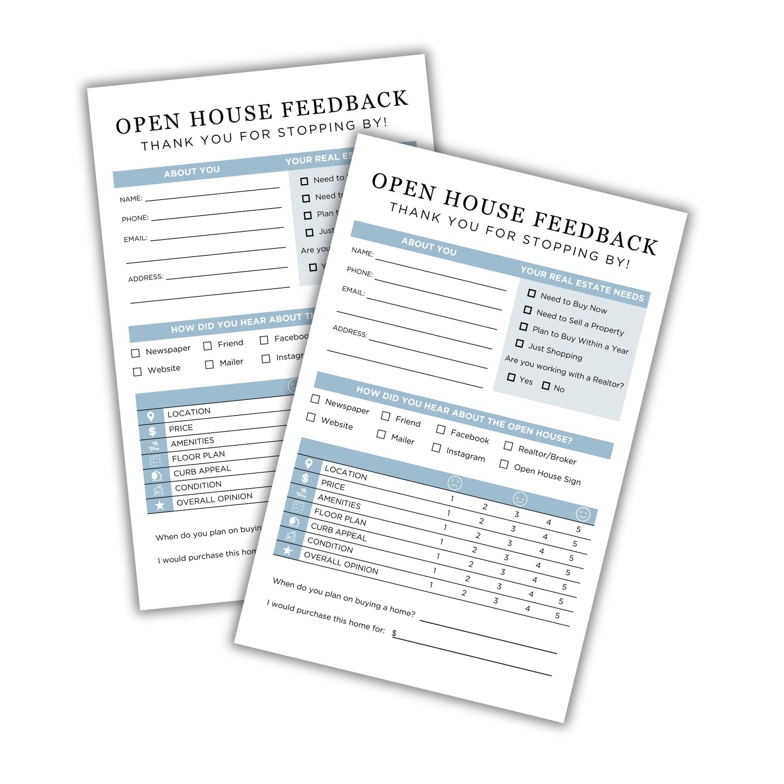 Realtor Open House Feedback Form Sign In Sheet Marketing Cards 75 PCS Pack